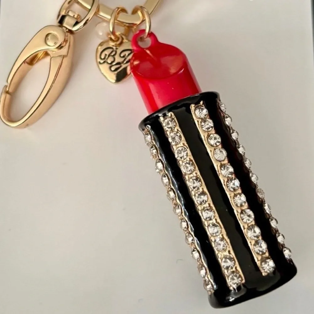 BETSEY JOHNSON Fire Engine Red Lipstick Crystal-Studded Bag Charm Keychain NWT
